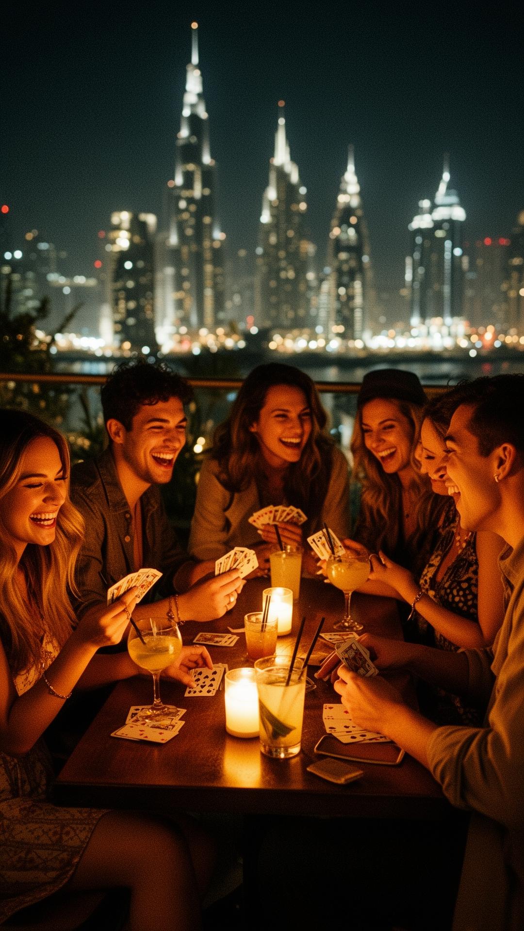 Singles laughing over cards at a Dubai rooftop game night