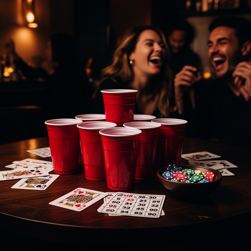 Beer pong cups and bingo cards on a stylish bar table at a singles event